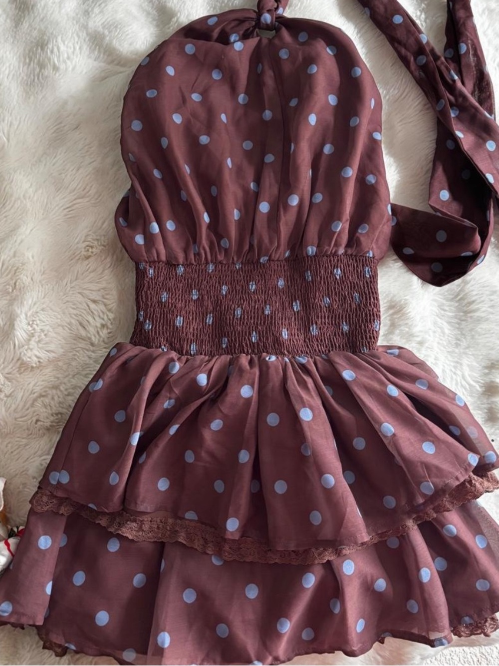 Lulus brown halter dress with blue polka dots, size S